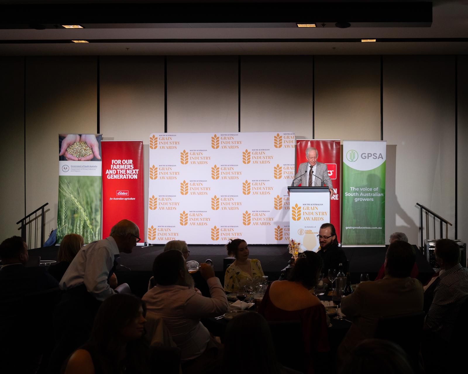 The stage and dining room during the presentations